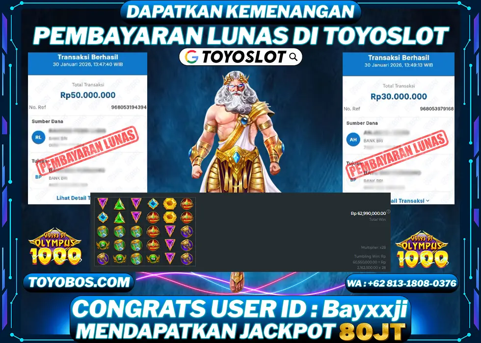 TOYOSLOT - BUKTI KEMENANGAN JACKPOT Gates of Olympus 1000 Rp80,000,000,- LUNAS